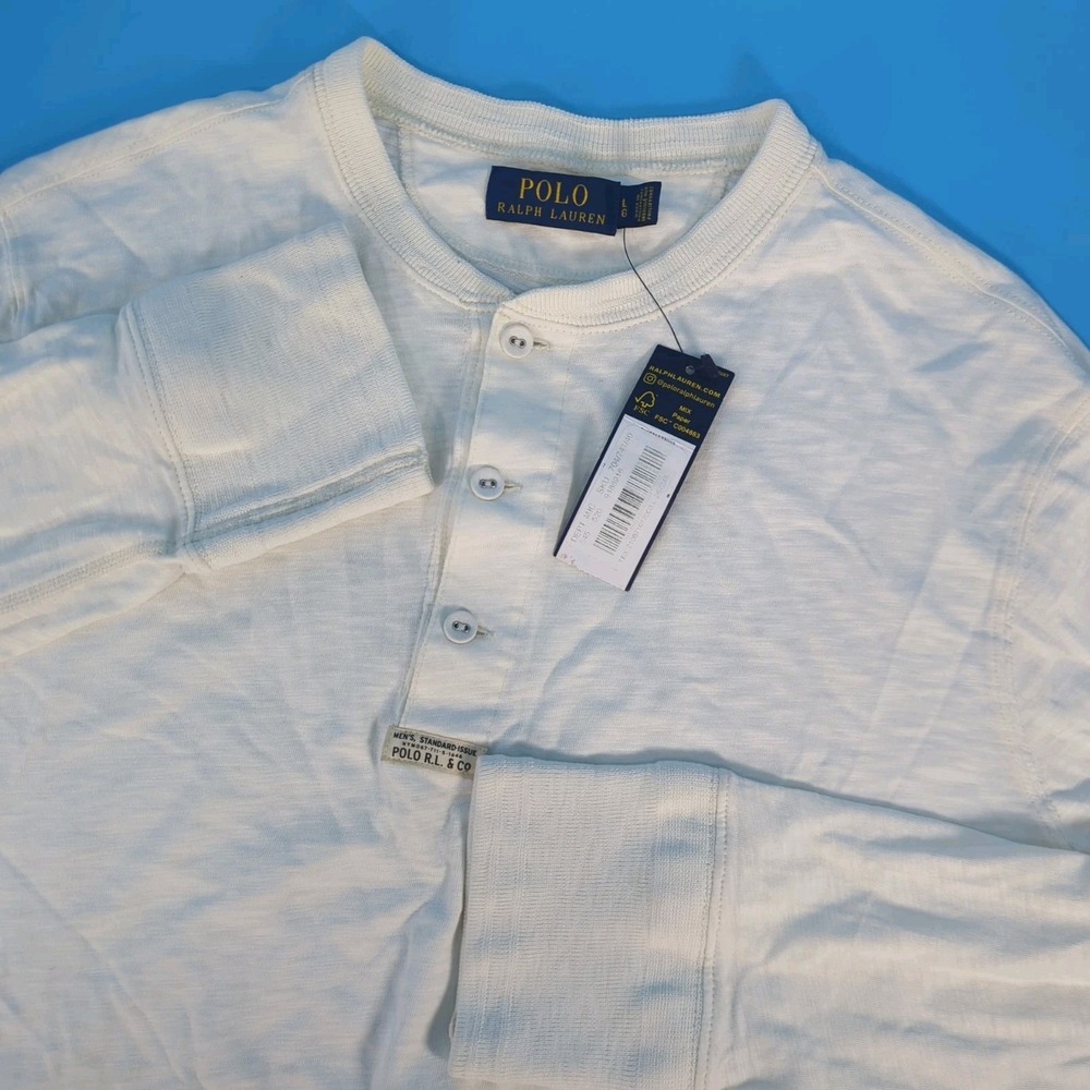 Polo Ralph Lauren Mens White Cream Slub Cotton Long Sleeve Henley Shirt L NEW